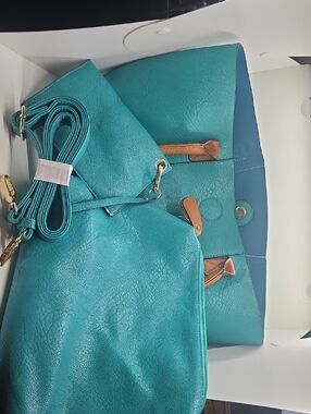 Source Unknown Teal Tote and Crossbody Bag Set with Tan Accents